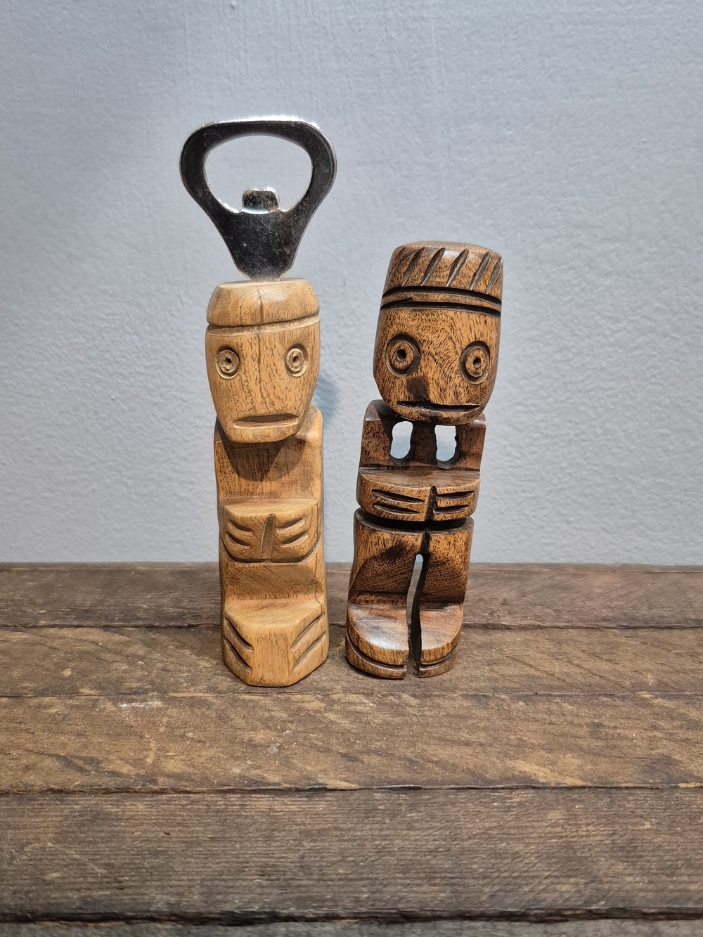 VTG Hand Carved Wood Taino Shaman Figure & Bottle Opener Tiki Bar Set
